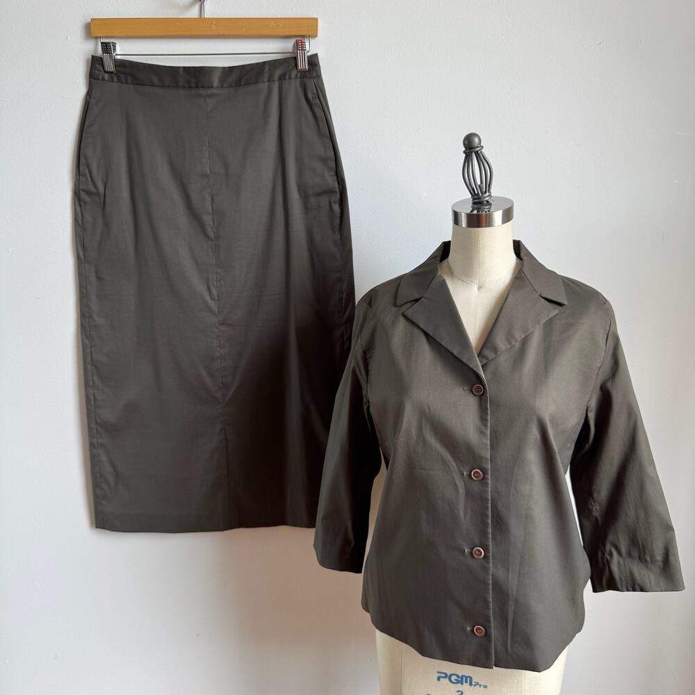 Zara Woman Olive Green Cotton-blend 2-Piece Skirt Suit